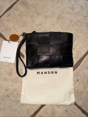 NWT MANDRN Black Woven Leather Wristlet Clutch